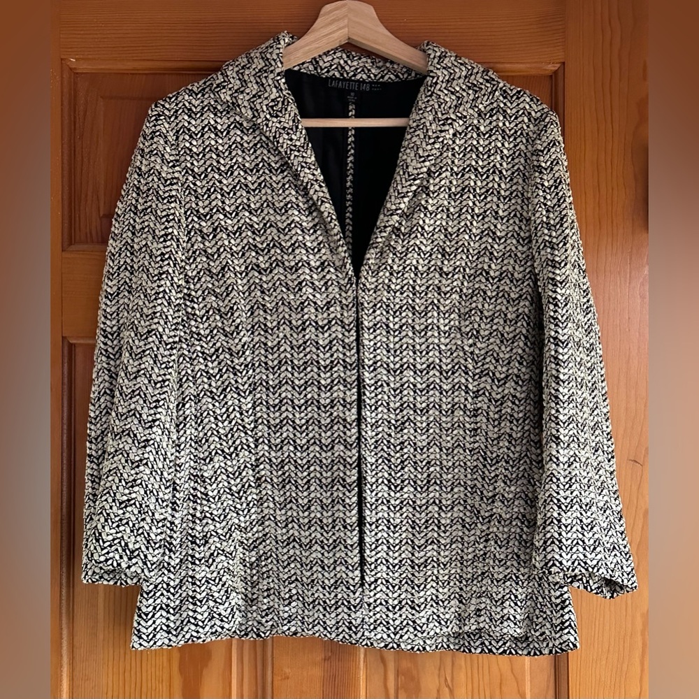 LAFAYETTE 148 Tweed Blazer Jacket in Cream/Black Zig Zag Pattern